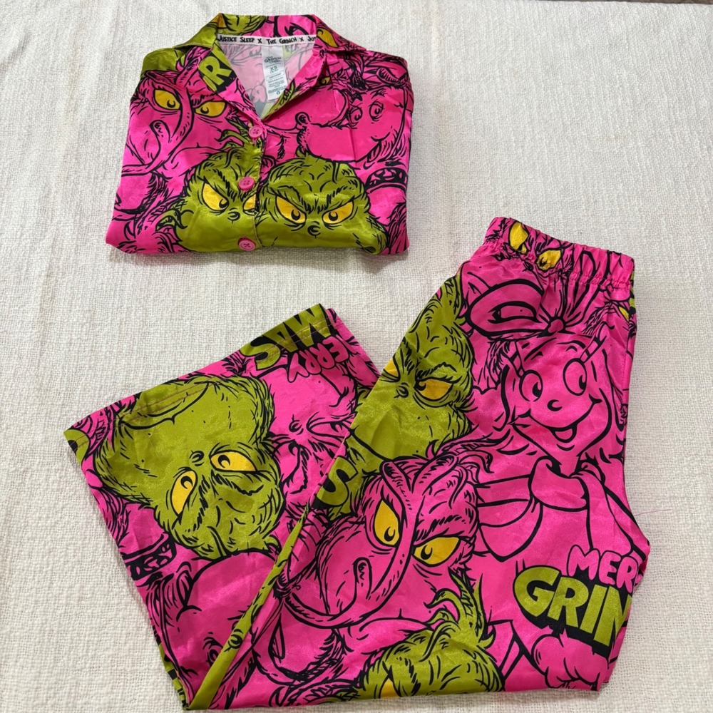 Justice x The Grinch Girls Pink Green Satin Pajama Set Size XS 5/6 Grinchmas